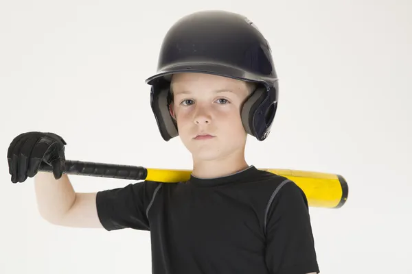 Jonge jongen honkballer vleermuis rusten op zijn schouder intens fa — Stockfoto