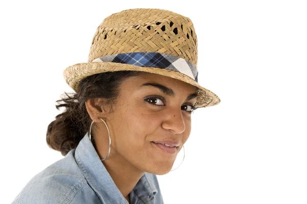 Tan teenage girl wearing a straw woven fedora hat — Stock Photo, Image