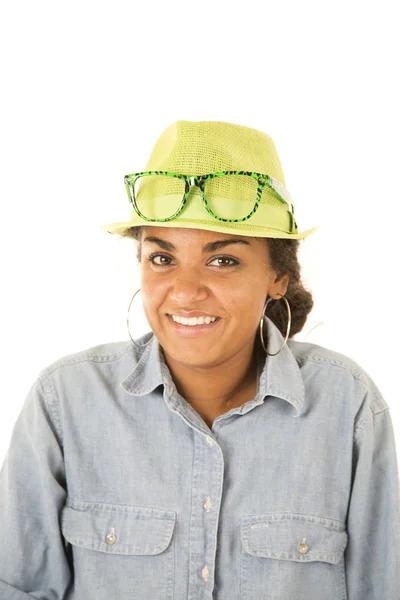 Happy Asian teenager wearing a denim shirt and green hat — Stock Photo, Image