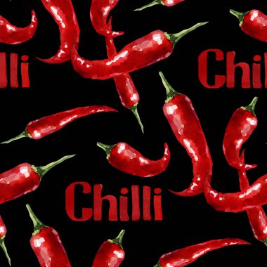 Parlak kırmızı renklerde kırmızı biberle ayarlanmış. Kusursuz suluboya biber arka plan deseni. El çizimi biber deseni.