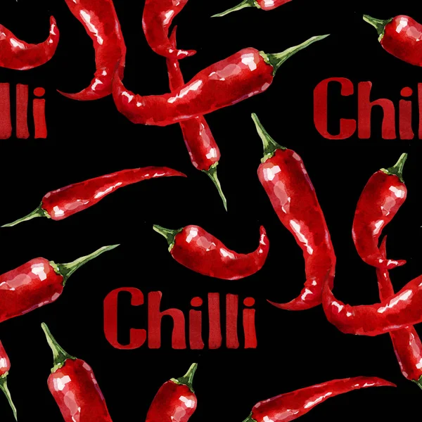Set Chili Pepper Bright Red Colors Seamless Watercolor Peppers Background — Stock Photo, Image