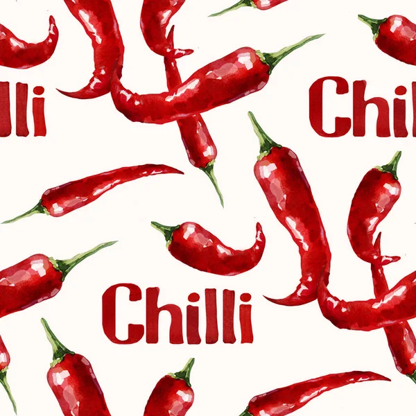 Set Chili Pepper Bright Red Colors Seamless Watercolor Peppers Background — Stock Photo, Image