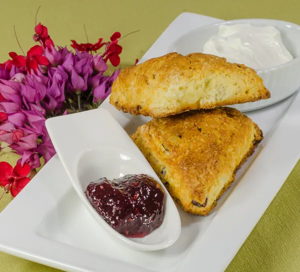 Scones with jam and fresh cream — Stock Photo, Image