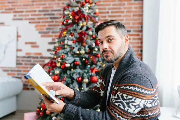 Man Beard Home Relaxing Reading Book Businessman Christmas New Year — Stock Photo, Image