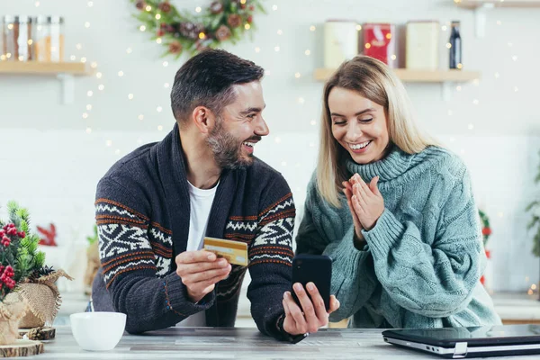 Young Happy Family New Year Christmas Holidays Home Joyful Buy — Stock Photo, Image