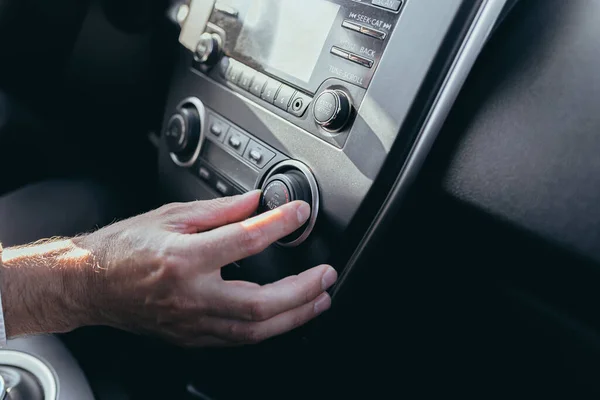 Male Car Driver Tweaks Air Conditioner Control Close Photo — Stock Photo, Image