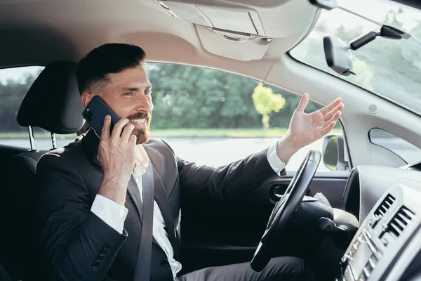 Young Man Beard Businessman Driving Car Parking Lot Smiling Successful — Stock Photo, Image