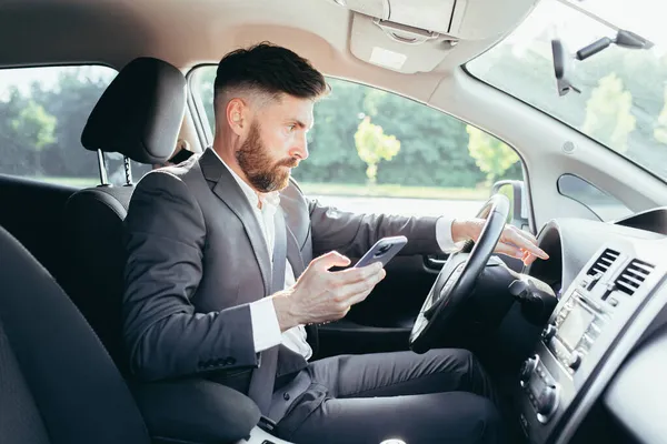 Male Businessman Sitting Wheel Car Frustrated Can Understand Steering Instructions — Stock Photo, Image