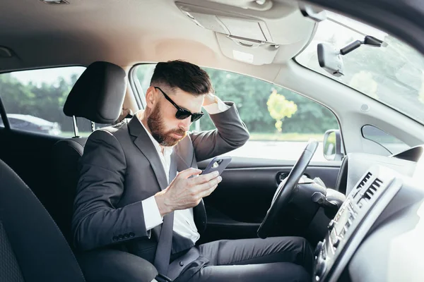 Male Businessman Sitting Wheel Car Frustrated Can Understand Steering Instructions — Stock Photo, Image