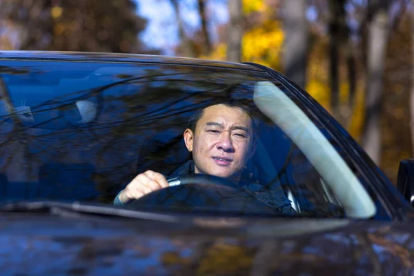 Pensive Asian Man Sitting Car Driver Waiting Sad — Stock Photo, Image