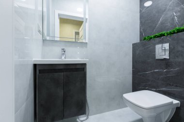 Küçük banyo, siyah döşemeli misafir tuvaleti.