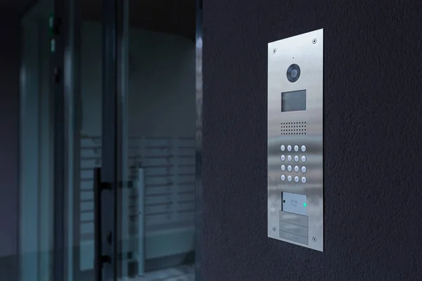 Entrance Doorbell Multi Apartment Building Video Surveillance Camera Dark Wall Stock Photo