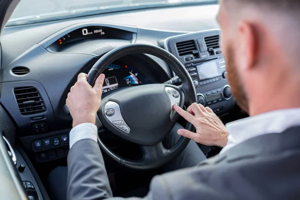 Close Photo Man Hand Switching Car Mode Steering Wheel Buttons — Stock Photo, Image