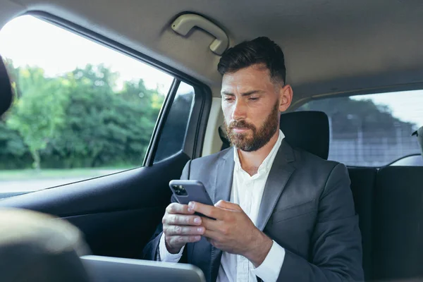 Happy Successful Male Businessman Car Passenger Reads News Phone Rejoices — Stock Photo, Image