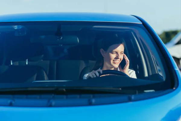 Portrait Successful Happy Woman Driving Car Photo Front Glass — Stock Photo, Image
