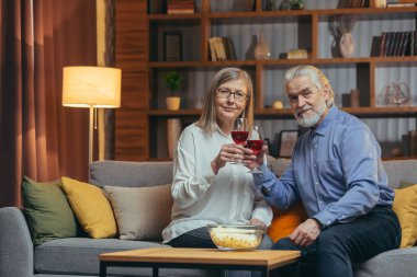 Romantik, son sınıf aşığı, sevgi dolu çift evde yıldönümünü kutluyor. Mutlu, olgun, gri saçlı bir aile rahatlamak için içki ve kadeh tokuşturmayı sever. Emeklilik kavramı. Sevgililer Günü