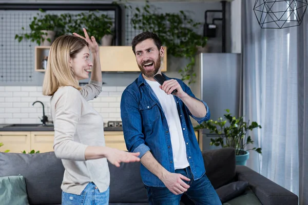 Happy Married Couple Man Woman Dancing Together Home Living Room — Foto de Stock