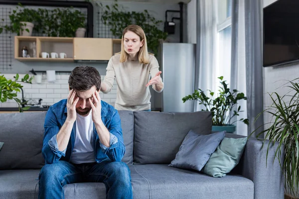 Young Family Couple Home Man Woman Quarrel Conflict Woman Shouting — Fotografia de Stock