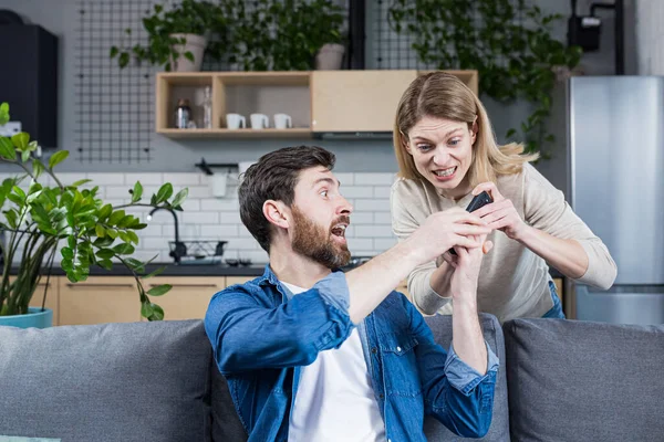 Conflict Family Angry Annoyed Woman Wife Takes Phone Man Who — Stock Photo, Image