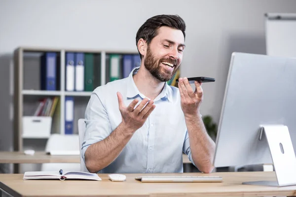 Young Man Beard Freelancer Manager Worker Talking Cell Phone Office — Stock Photo, Image