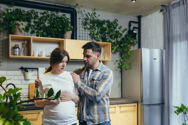 家庭冲突 年轻的家庭 一个怀孕的女人和一个男人在家里吵架 他们站在家里厨房里 — 图库照片