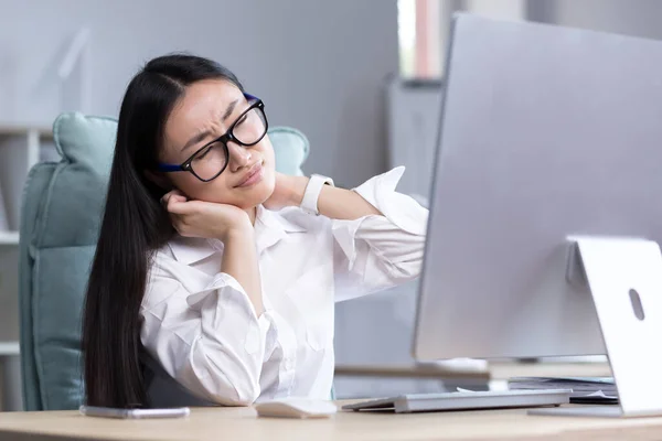 Overtired Asian Woman Office Worker Has Severe Neck Pain Massages — Photo