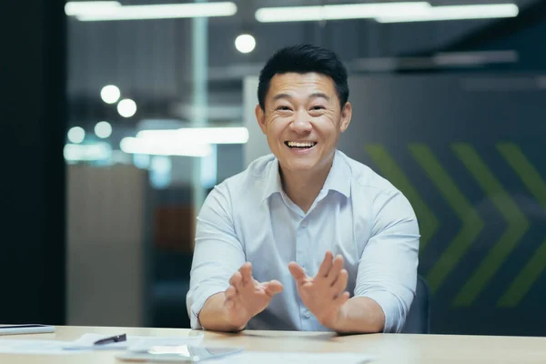 Successful Happy Asian Businessman Looking Camera Talking Video Call Cheerfully — Stockfoto