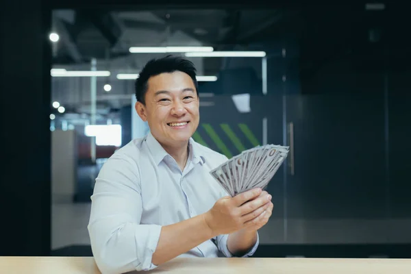Happy Young Asian Man Received Salary Cash Holds Money His — Stockfoto