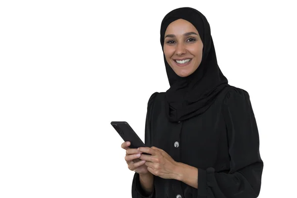 Young Beautiful Muslim Woman Black Hijab White Background Looking Camera — Foto Stock