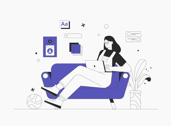 Personnage de femme travaillant avec un ordinateur portable à la maison. pigiste travaillant sur le web et le développement d'applications sur les ordinateurs. Développeurs logiciels. Illustration vectorielle de style plat. — Image vectorielle