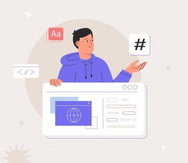 Web ve uygulama geliştirme üzerinde çalışan adam. Yazılım geliştiricileri konsepti. Düz biçim vektör çizimleri.