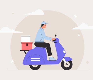 Çevrimiçi ekspres servis konsepti, kurye motosikleti ya da scooter, arkasında paket kutusu olan teslimatçı. Düz biçim vektör illüstrasyonu.