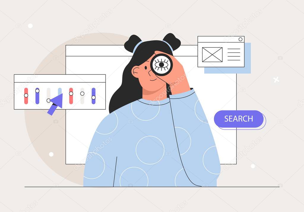 Young woman looking through spy glass. Business metaphore for search or research, development, web surfing and looking for new business or career opportunities. Flat style vector illustration.