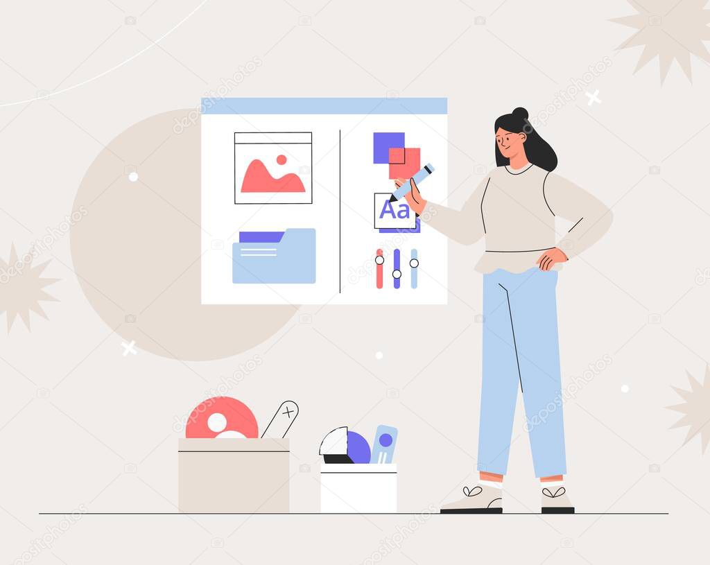 Woman designing new products or improving existing ones. Business brainstorming, UI UX design concept of creating an application. Flat style vector illustration.