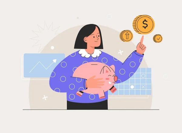 Wanita menabung dan menaruh koin di Piggy Bank. Perencanaan keuangan, pendapatan dan pengeluaran perhitungan, infografis ekonomi, perencanaan anggaran. Pencahayaan vektor gaya datar. - Stok Vektor