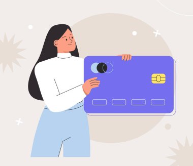 Çevrimiçi ödeme kavramı. Kadının elinde banka kartı ya da kredi kartı var ve ödeme yapıyor ya da internetten alışveriş yapıyor. Düz biçim vektör illüstrasyonu.