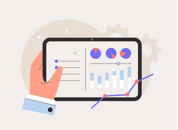 Indústria de marketing, conceito de análise de negócios. Mão segura tablet. Projeto infographi design, estatísticas, diagrama na tela. Ilustração vetorial de estilo plano. —  Vetores de Stock