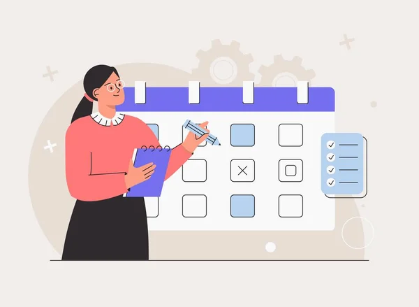 Productividad personal y gestión de tareas. Mujer de negocios sostiene pluma con notas, la organización del trabajo en el calendario. Gestión eficiente y eficaz del tiempo y multitarea en el trabajo. — Vector de stock