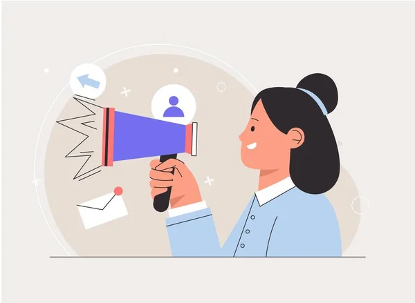 Web tasarımı ve hedef reklam konsepti. Hoparlörü ve mıknatısı olan kadın yeni müşteriler çekiyor, online promosyon. Hoparlörden bir arkadaş ve izleyici anonsu.
