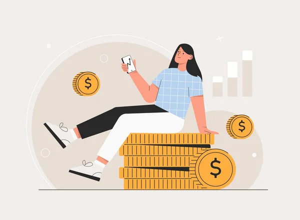 Mujer de negocios personaje sentado de monedas de oro comprobar ganancias y mantener el teléfono con servicio analítico. Inversión en línea con concepto de teléfono móvil. Inversión, aplicación de comercio de acciones metáfora aislada. — Archivo Imágenes Vectoriales