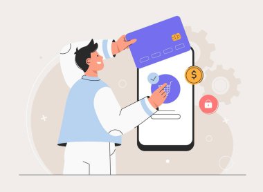 Mobil ticaret konsepti. Adam internetteki cep telefonu uygulamalarından ürün alıyor ve satın almaları kredi kartıyla ödüyor. Çevrimiçi alışveriş ve e-ticaret, finans ve ödeme düz stil illüstrasyon.