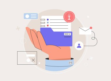 Kullanıcı rehberi, müşteri deneyimi konsepti. Ürün rehberleri ve talimatlar, web sitesi desteği, nasıl kullanılacağını, şirket bilgileri. Belgeler, simge bilgileri, e- posta, kontrol listesi içeren insan eli klasörü.