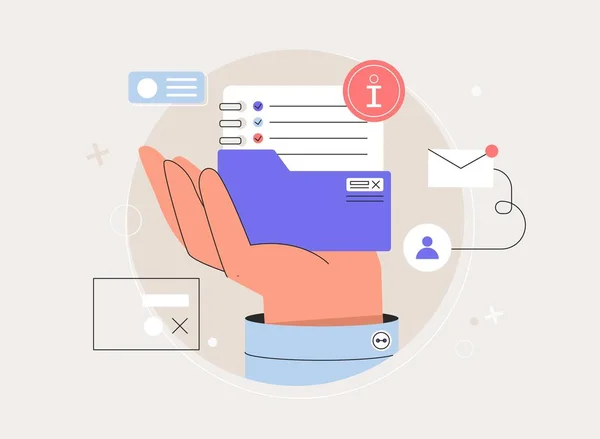 Guía del usuario, concepto de experiencia del cliente. Guías e instrucciones del producto, soporte del sitio web, cómo utilizar, información de la empresa. La mano humana sostiene la carpeta con documentos, información del icono, correo electrónico, lista de verificación. — Archivo Imágenes Vectoriales