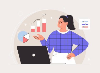 Serbest çalışma metaforları, web sitesi bakım ve geliştirme. Uzaktan kumandalı iş, serbest çalışan kadınlar dizüstü bilgisayarda çalışıyor. Web tasarımı, programlama ve kodlama fikri, bilgi simgesi ve finans diyagramı.