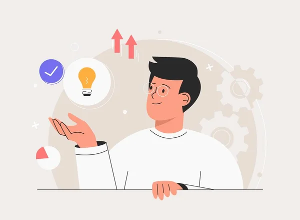 Forretningsideer, planstrategi og løsningskonsept. Forretningsmann som har løsning, ideer lyspære metafor. Konsept for ny ide, tenkning, innovasjon, kreativ ide for prosjekt, bedrift, start. – stockvektor