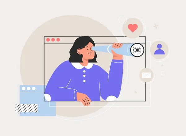 Mujer joven mirando a través del vidrio espía. Metáfora de negocio para búsqueda o investigación, desarrollo, navegación web y búsqueda de nuevas oportunidades de negocio o carrera. Ilustración de vector de estilo plano. Ilustraciones de stock libres de derechos