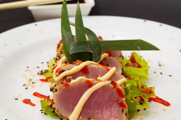 Tonijn filet versierd met salade — Stockfoto