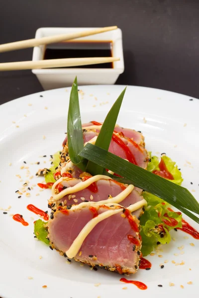 Filé de atum decorado com salada — Fotografia de Stock