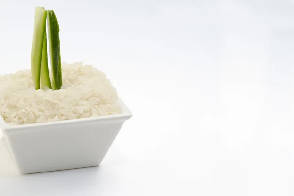 Dilimlenmiş salatalık pirinç amd beyaz tabak ve beyaz arka plan — Stok fotoğraf