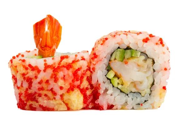 赤キャビアと白い背景で隔離の天ぷらロール寿司 — ストック写真